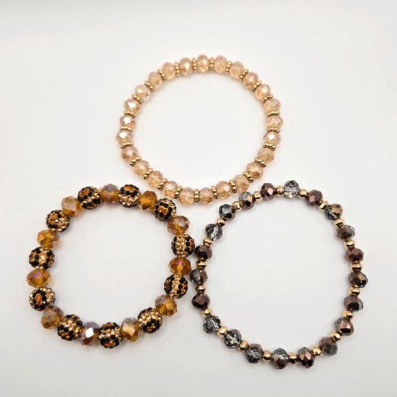 Set of Three Handmade Gold Tone and Brown Faceted Glass Beaded Stretch Bracelets - Picture 5 of 5